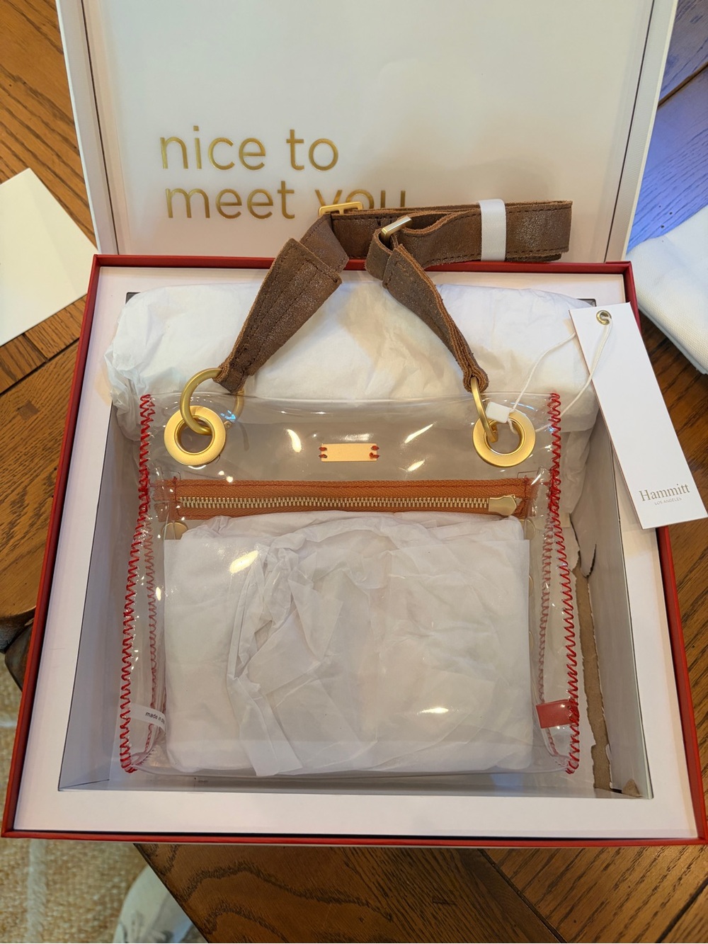 NWT HAMMITT TONY CLEAR SML BAG. COLOR CLEAR/RED/BROWN/BRUSHED GOLD HARDWARE - Picture 5 of 16